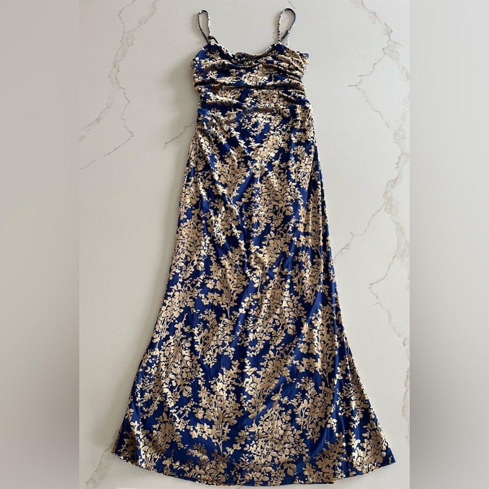 Avec Les Filles Burn Out Blue and Gold Ruched Floral Maxi Dress size L - Picture 3 of 12